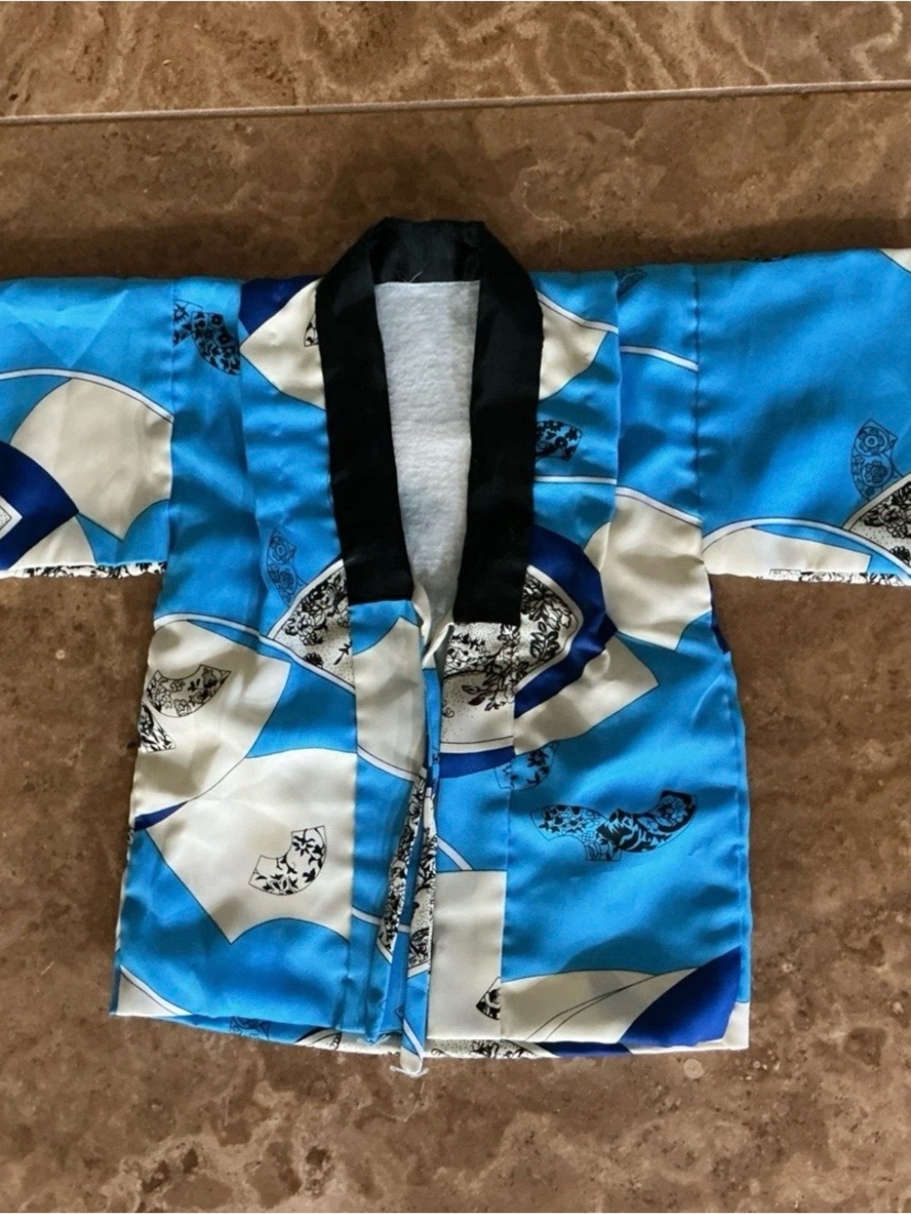 Blue and White Satin Kimono Jacket with Black Trim